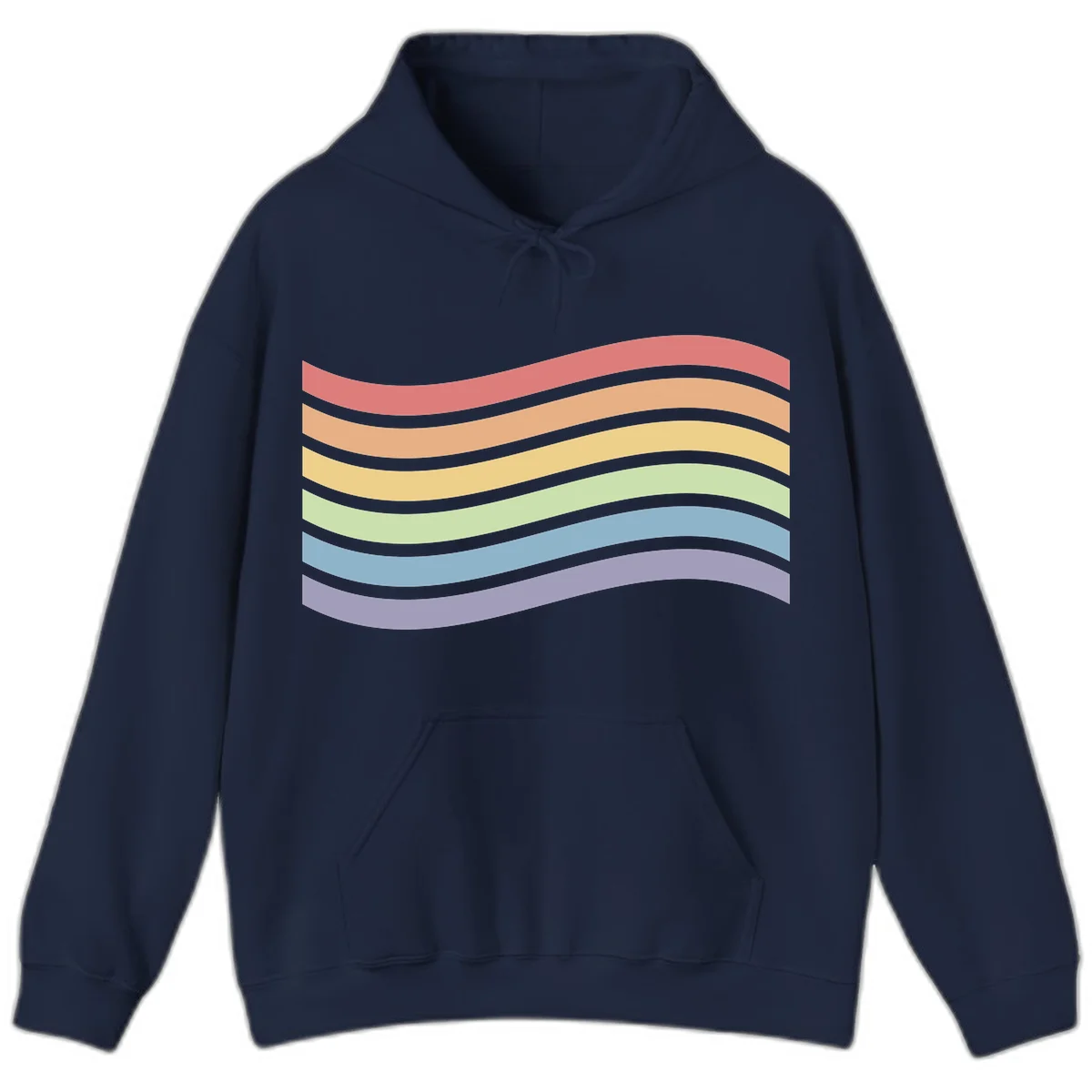 Seven horizontal wavy stripes in rainbow colors separated by gray bands, creating flowing waves against a gray background in Navy