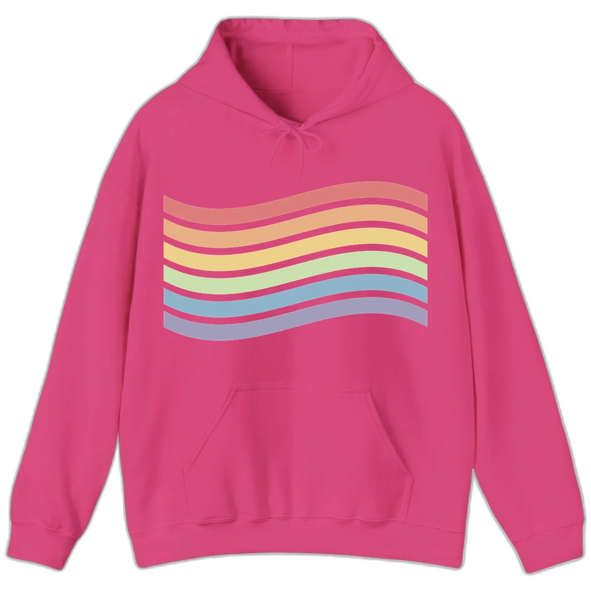 Seven horizontal wavy stripes in rainbow colors separated by gray bands, creating flowing waves against a gray background in Heliconia