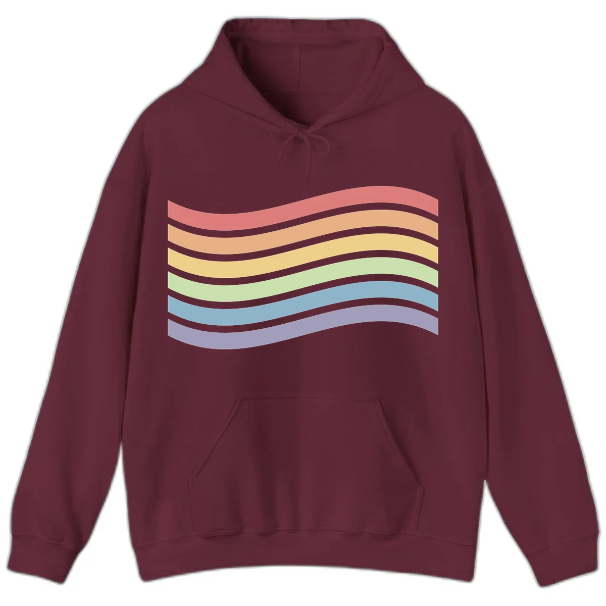 Seven horizontal wavy stripes in rainbow colors separated by gray bands, creating flowing waves against a gray background in Maroon