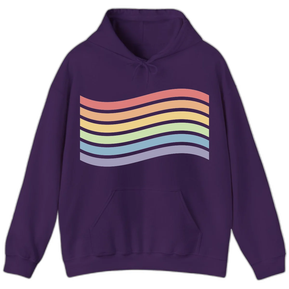 Seven horizontal wavy stripes in rainbow colors separated by gray bands, creating flowing waves against a gray background in Purple