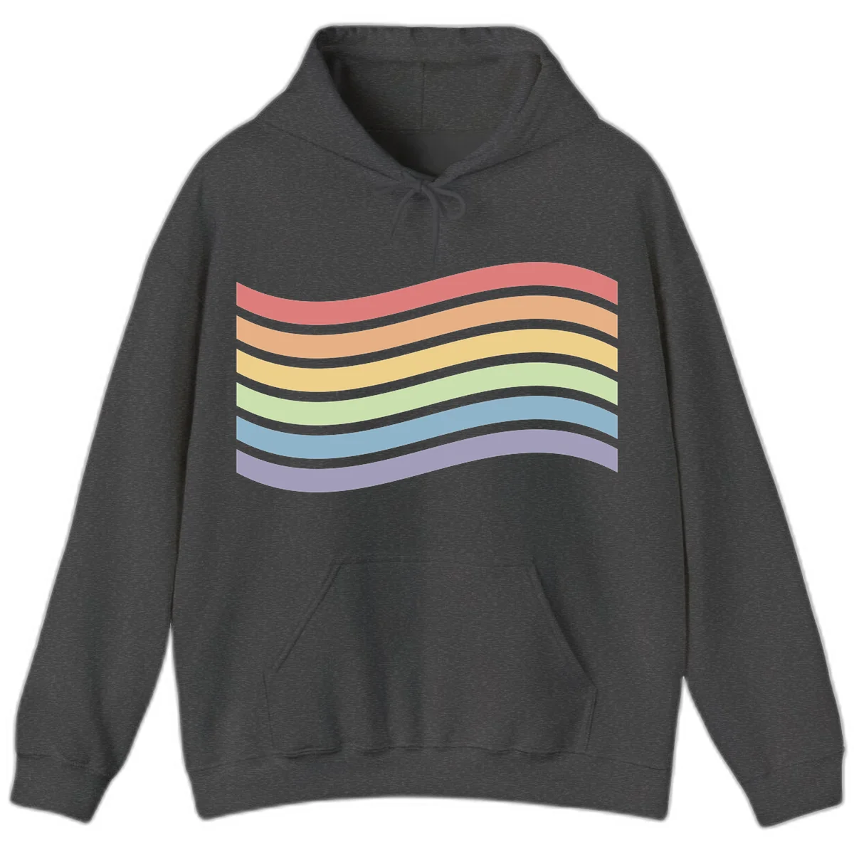 Seven horizontal wavy stripes in rainbow colors separated by gray bands, creating flowing waves against a gray background in Dark Heather