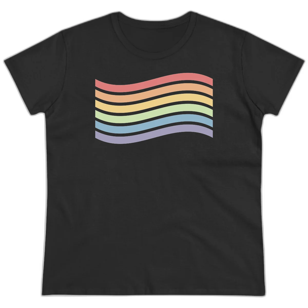 Seven horizontal wavy stripes in rainbow colors separated by gray bands, creating flowing waves against a gray background in Black