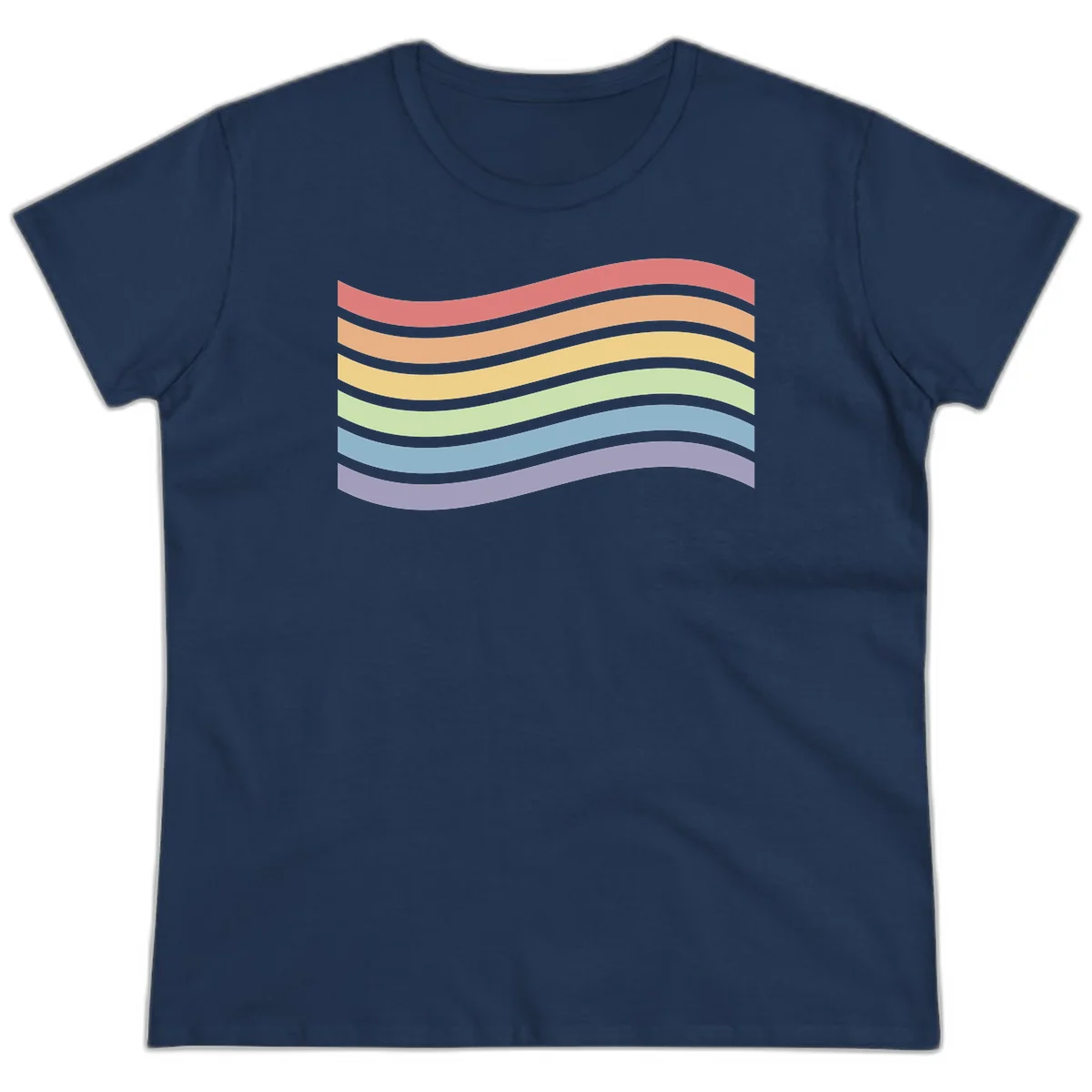 Seven horizontal wavy stripes in rainbow colors separated by gray bands, creating flowing waves against a gray background in Navy