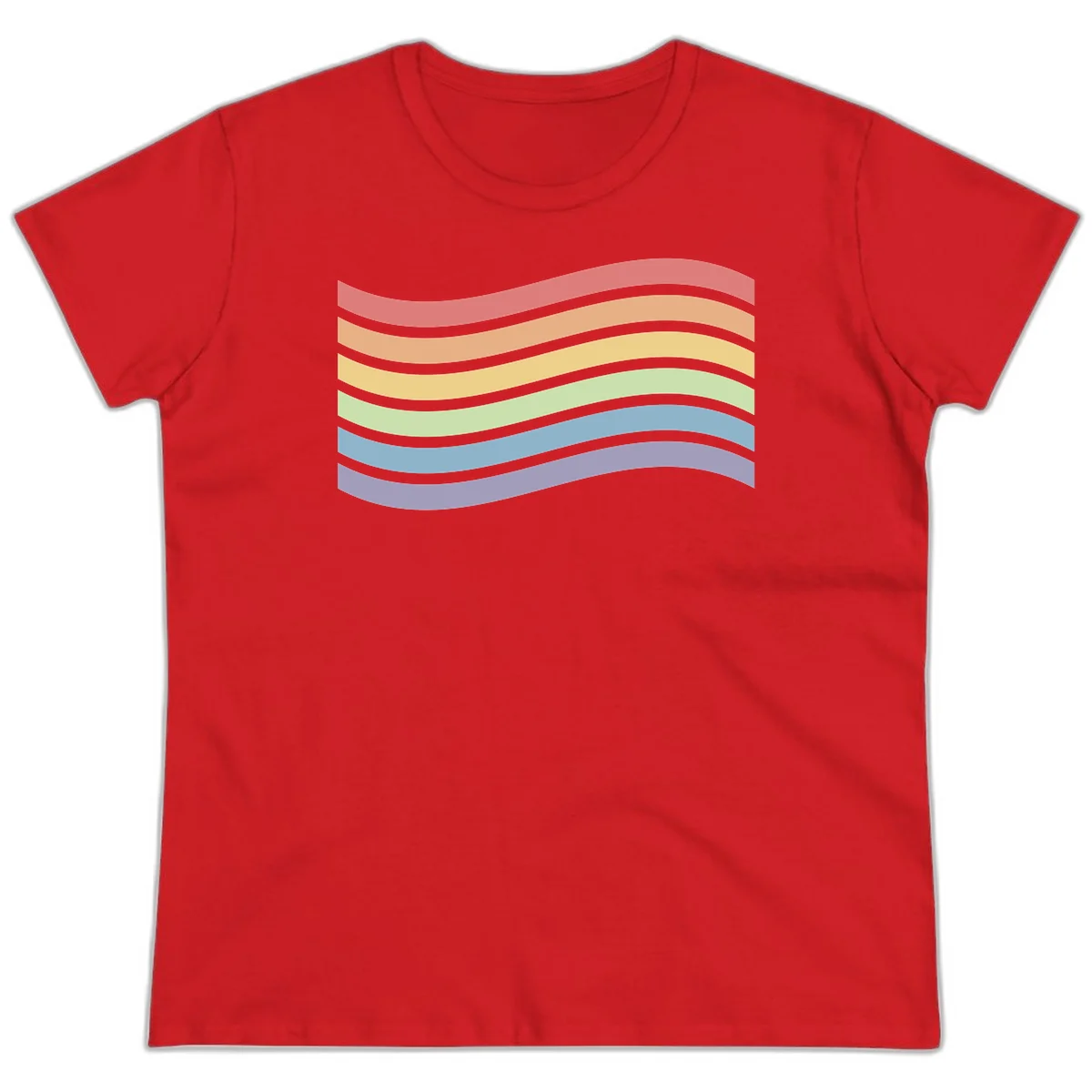 Seven horizontal wavy stripes in rainbow colors separated by gray bands, creating flowing waves against a gray background in Red