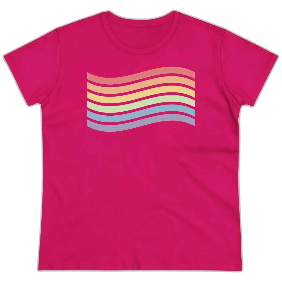 Seven horizontal wavy stripes in rainbow colors separated by gray bands, creating flowing waves against a gray background in Heliconia