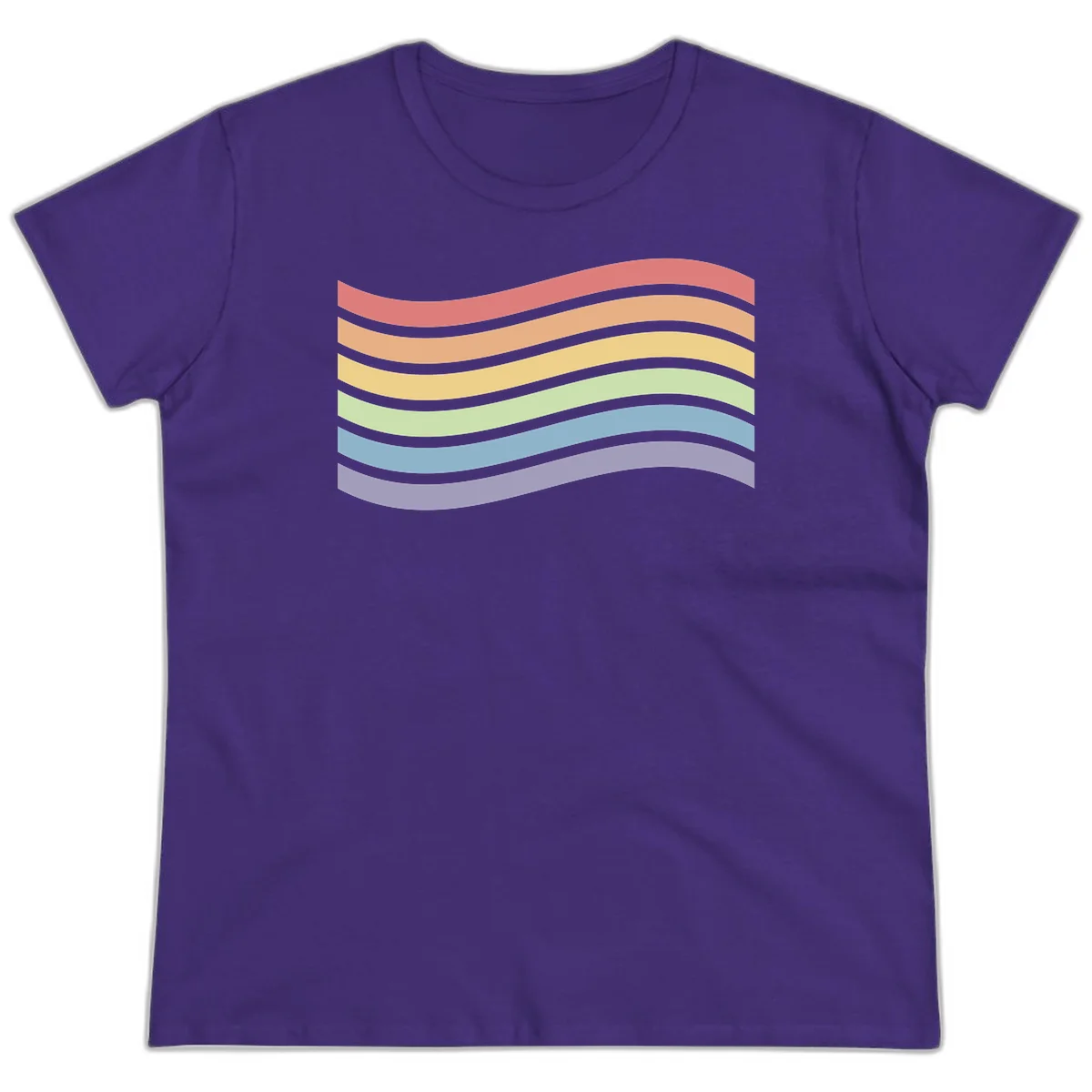 Seven horizontal wavy stripes in rainbow colors separated by gray bands, creating flowing waves against a gray background in Purple