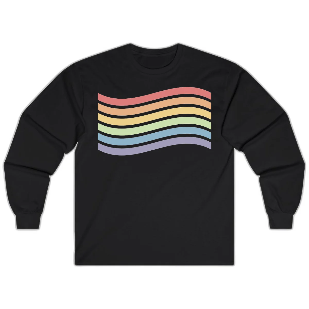 Seven horizontal wavy stripes in rainbow colors separated by gray bands, creating flowing waves against a gray background in Black