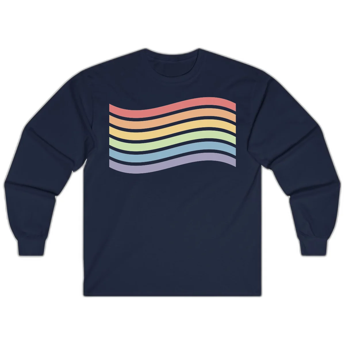 Seven horizontal wavy stripes in rainbow colors separated by gray bands, creating flowing waves against a gray background in Navy