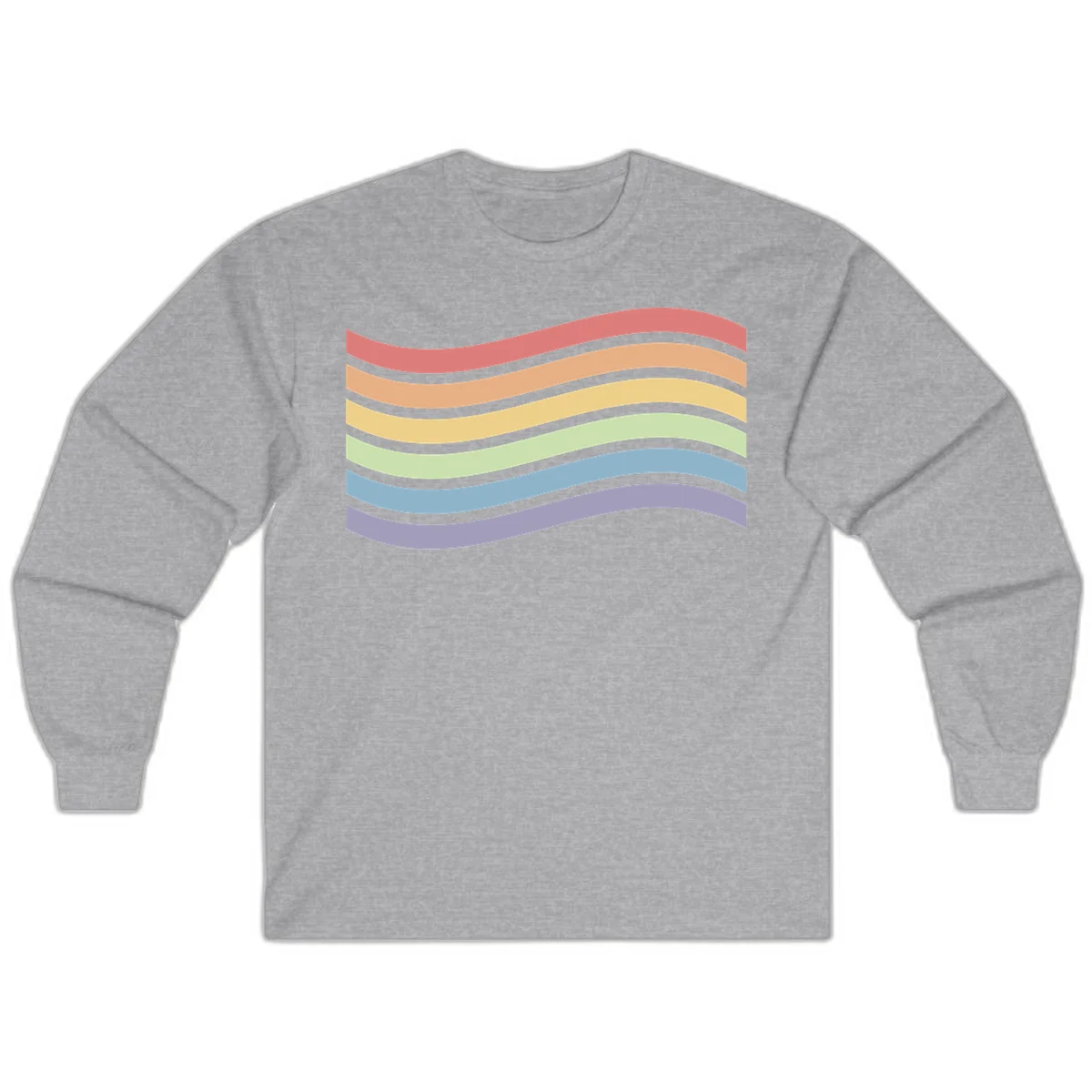 Seven horizontal wavy stripes in rainbow colors separated by gray bands, creating flowing waves against a gray background in Sport Grey