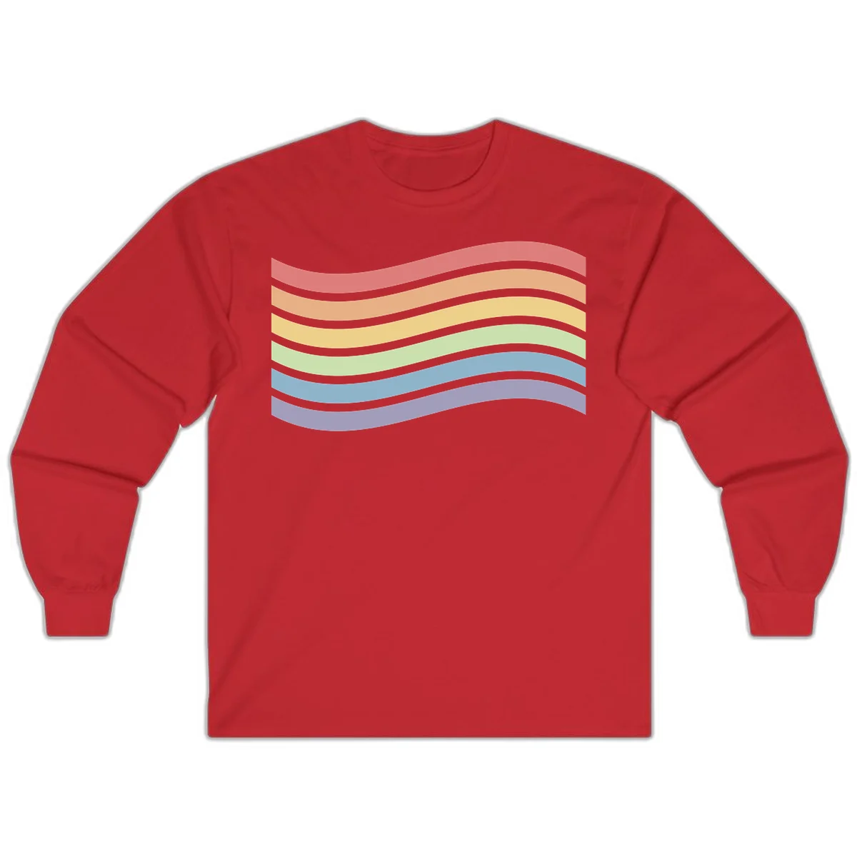 Seven horizontal wavy stripes in rainbow colors separated by gray bands, creating flowing waves against a gray background in Red
