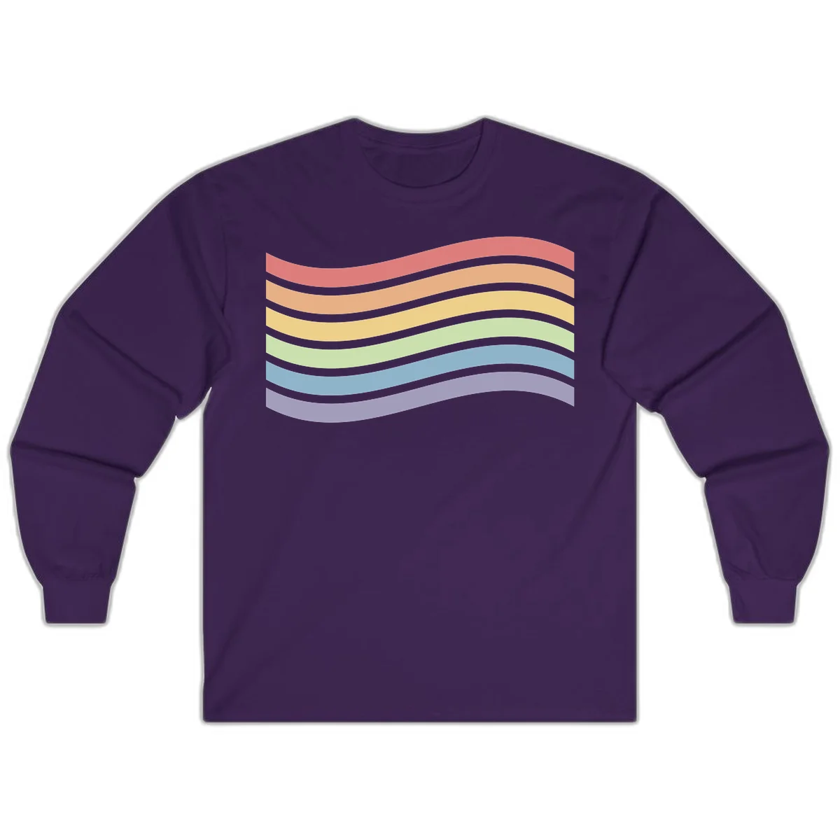 Seven horizontal wavy stripes in rainbow colors separated by gray bands, creating flowing waves against a gray background in Purple