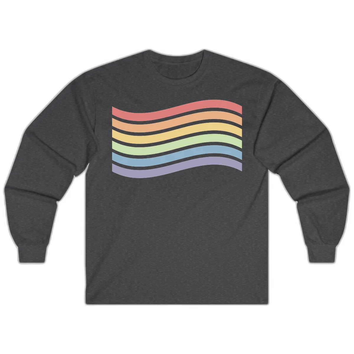 Seven horizontal wavy stripes in rainbow colors separated by gray bands, creating flowing waves against a gray background in Dark Heather