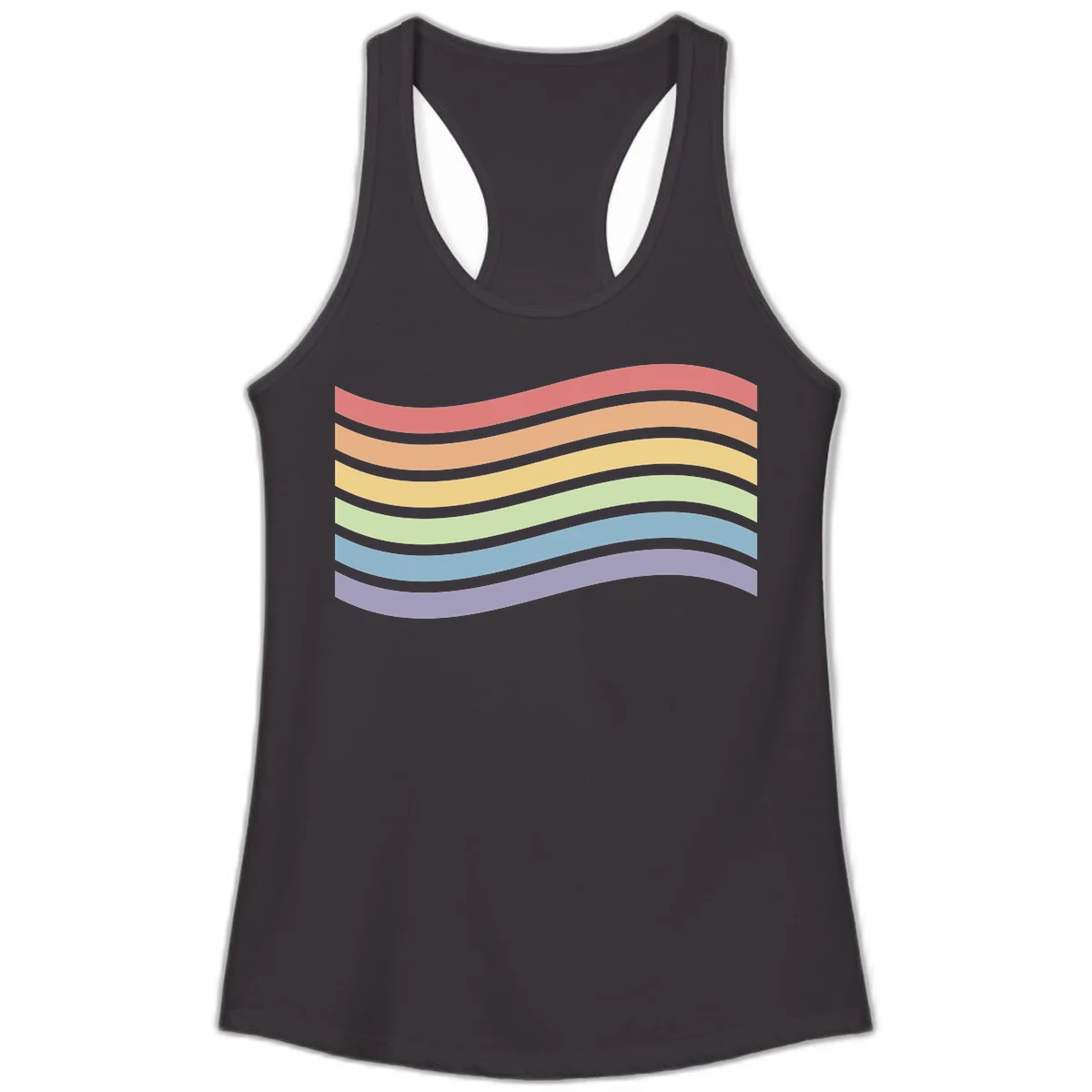 Seven horizontal wavy stripes in rainbow colors separated by gray bands, creating flowing waves against a gray background in Black