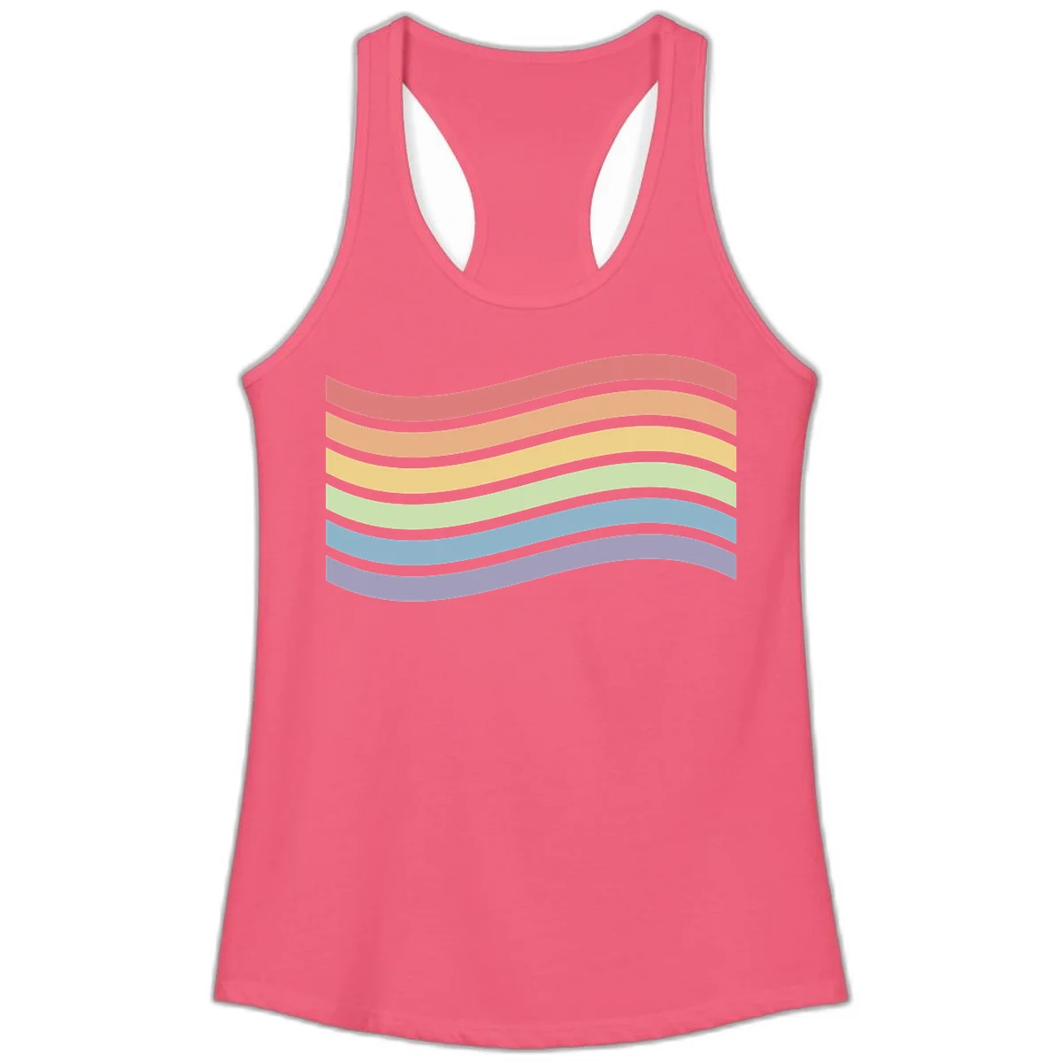 Seven horizontal wavy stripes in rainbow colors separated by gray bands, creating flowing waves against a gray background in Hot Pink