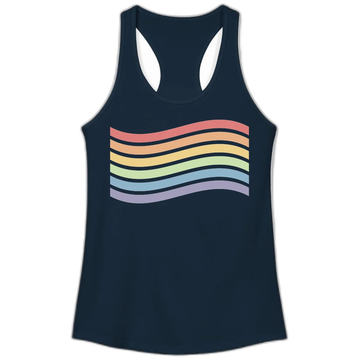 Seven horizontal wavy stripes in rainbow colors separated by gray bands, creating flowing waves against a gray background in Solid Midnight Navy