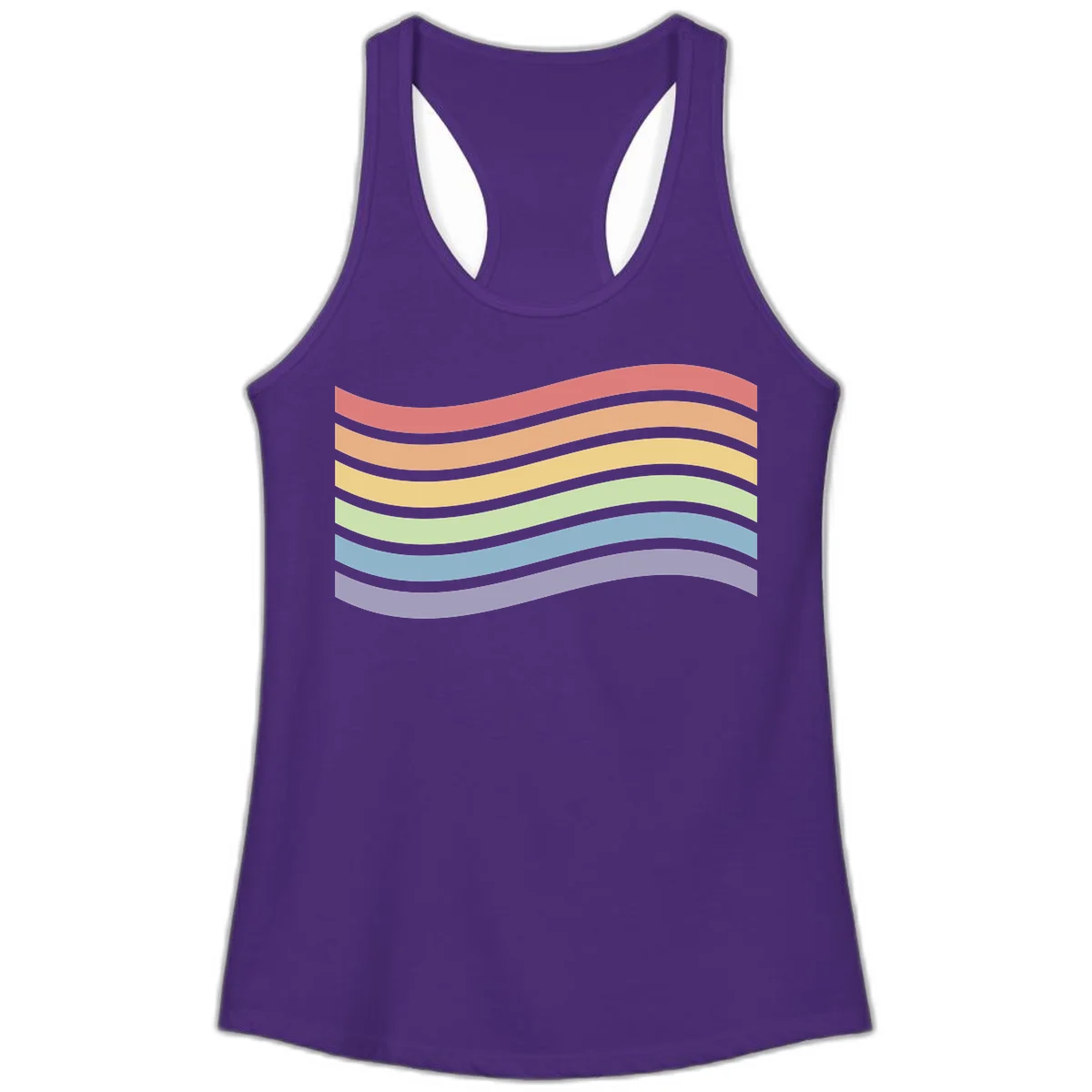 Seven horizontal wavy stripes in rainbow colors separated by gray bands, creating flowing waves against a gray background in Solid Purple Rush