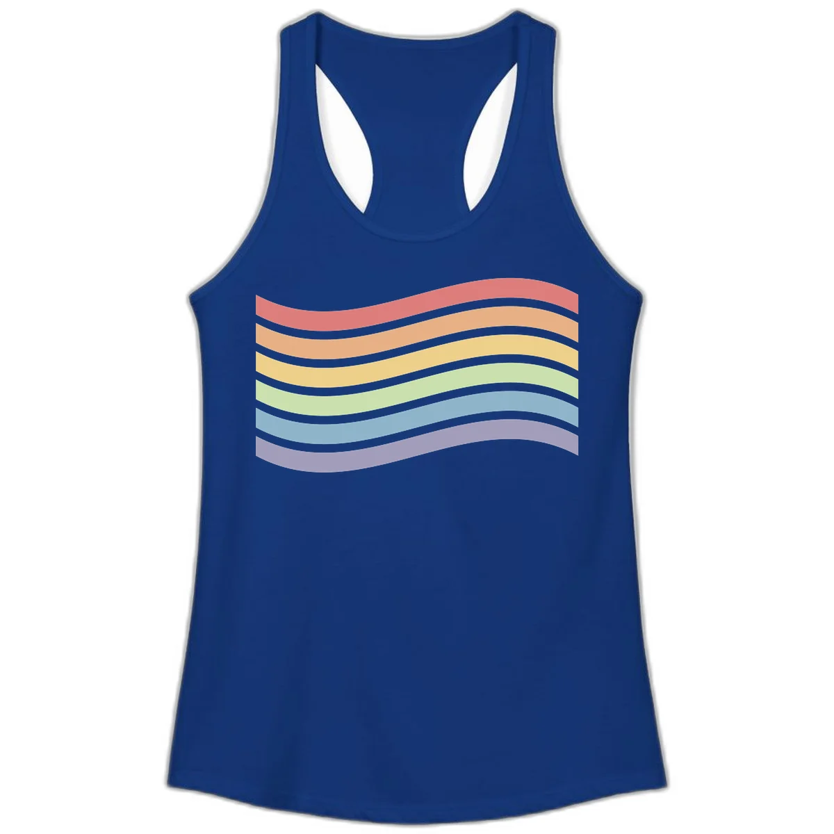 Seven horizontal wavy stripes in rainbow colors separated by gray bands, creating flowing waves against a gray background in Solid Royal
