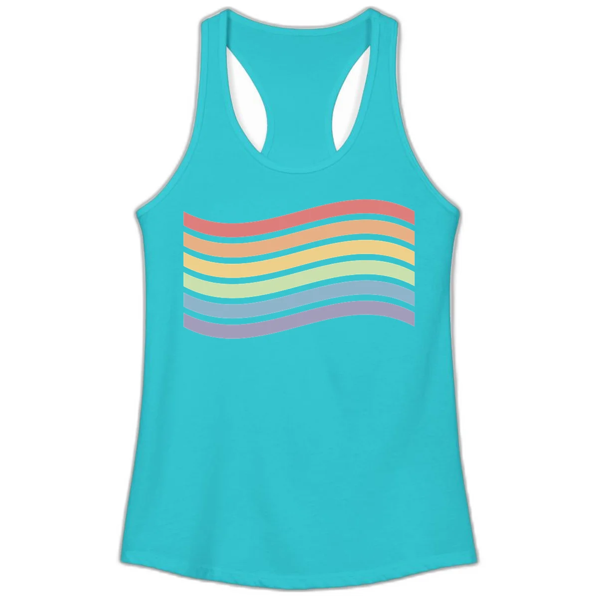 Seven horizontal wavy stripes in rainbow colors separated by gray bands, creating flowing waves against a gray background in Solid Tahiti Blue
