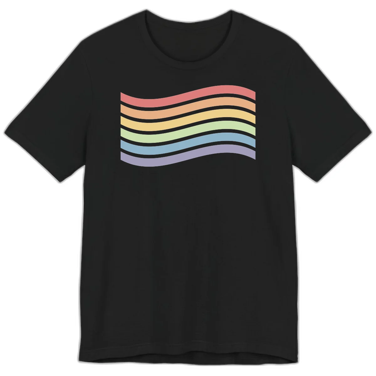 Seven horizontal wavy stripes in rainbow colors separated by gray bands, creating flowing waves against a gray background in Black
