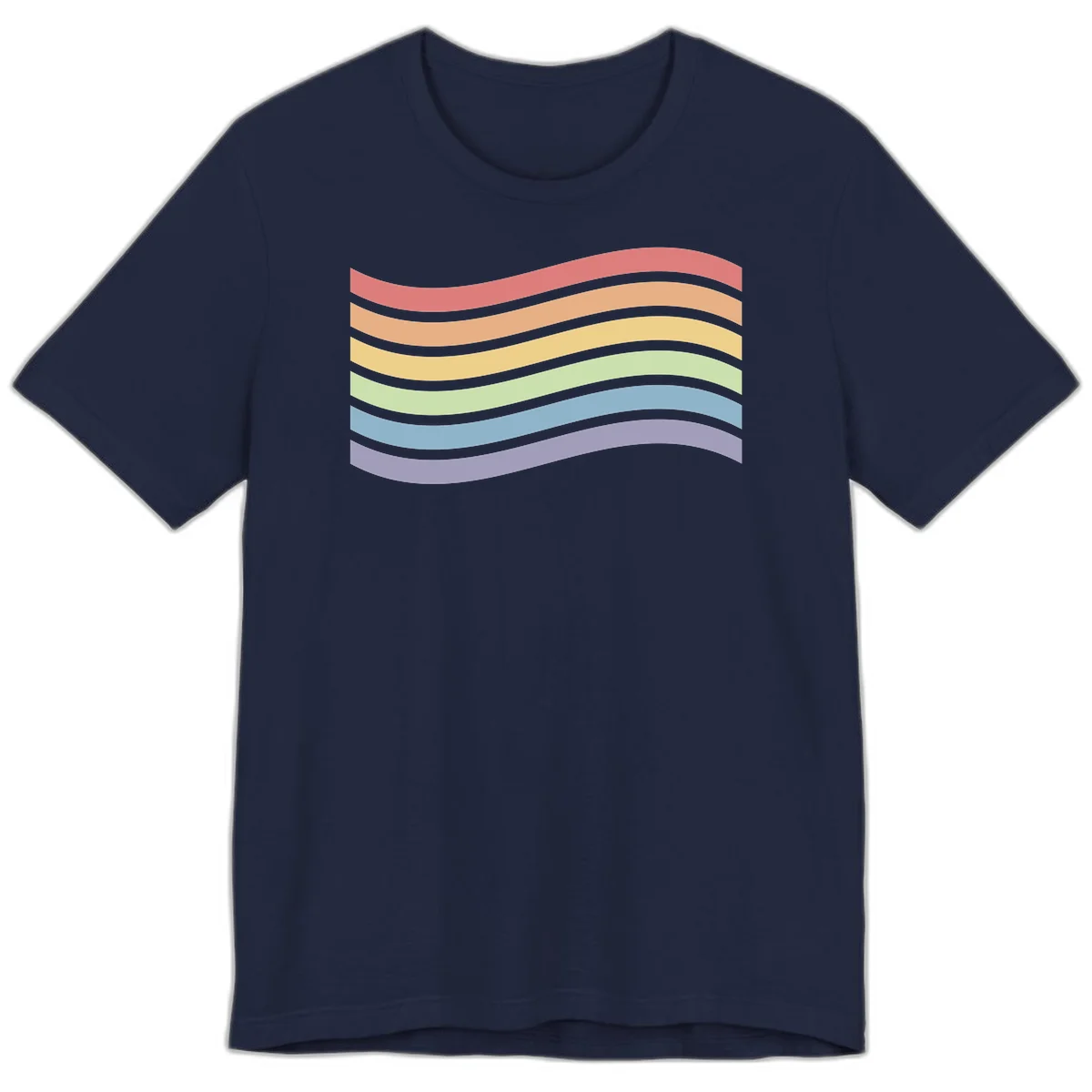 Seven horizontal wavy stripes in rainbow colors separated by gray bands, creating flowing waves against a gray background in Navy