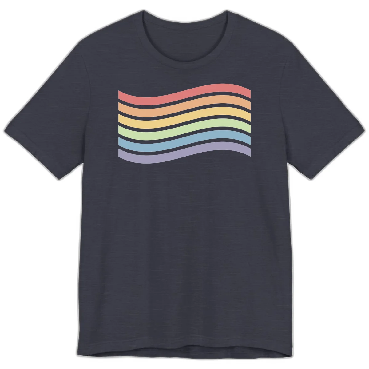 Seven horizontal wavy stripes in rainbow colors separated by gray bands, creating flowing waves against a gray background in Heather Midnight Navy