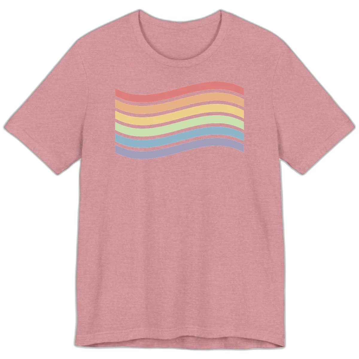 Seven horizontal wavy stripes in rainbow colors separated by gray bands, creating flowing waves against a gray background in Heather Orchid