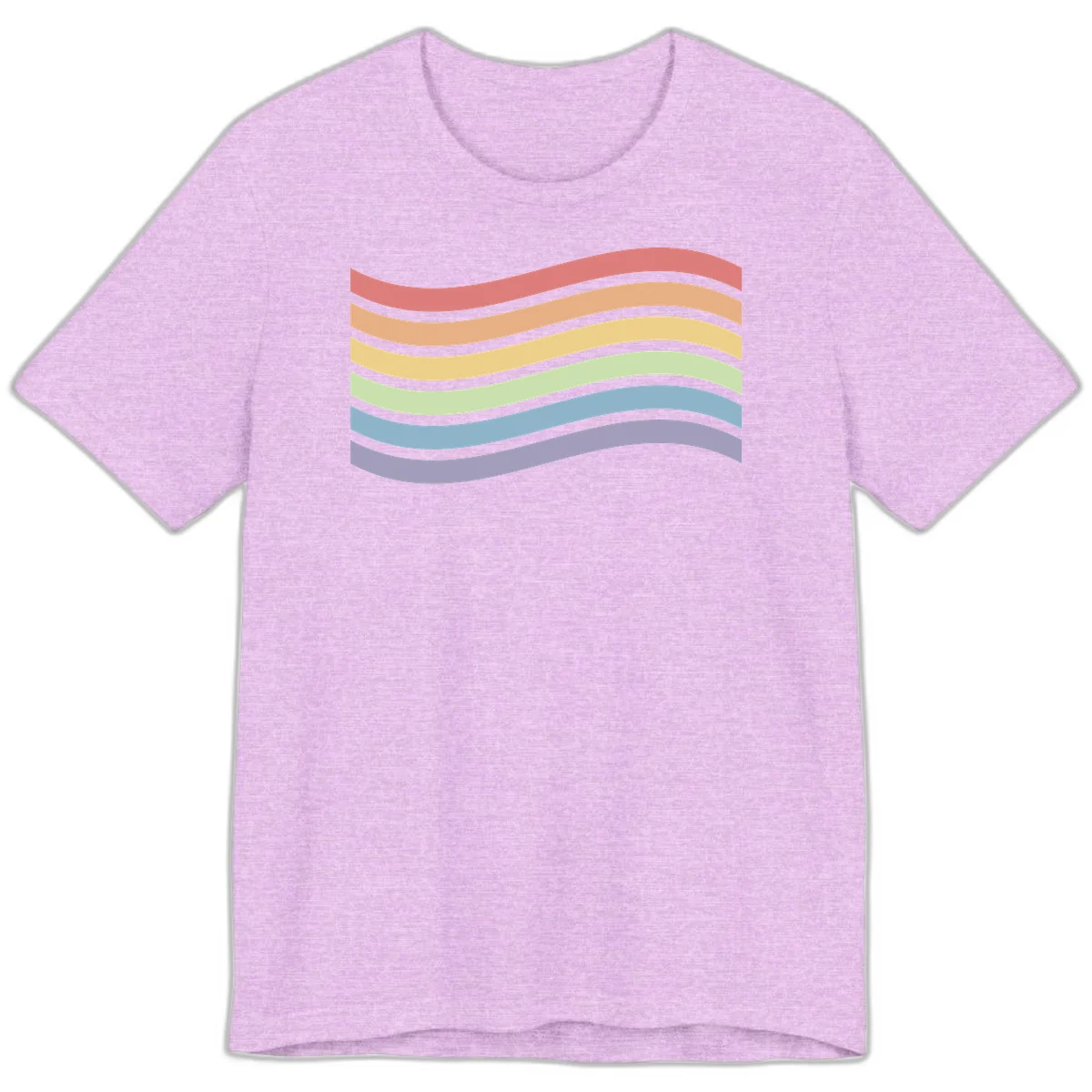 Seven horizontal wavy stripes in rainbow colors separated by gray bands, creating flowing waves against a gray background in Heather Prism Lilac