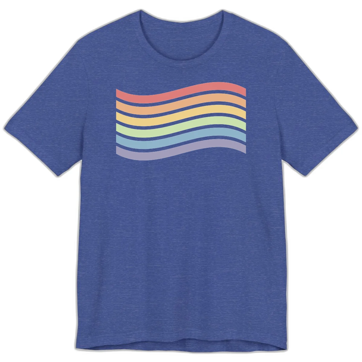 Seven horizontal wavy stripes in rainbow colors separated by gray bands, creating flowing waves against a gray background in Heather True Royal