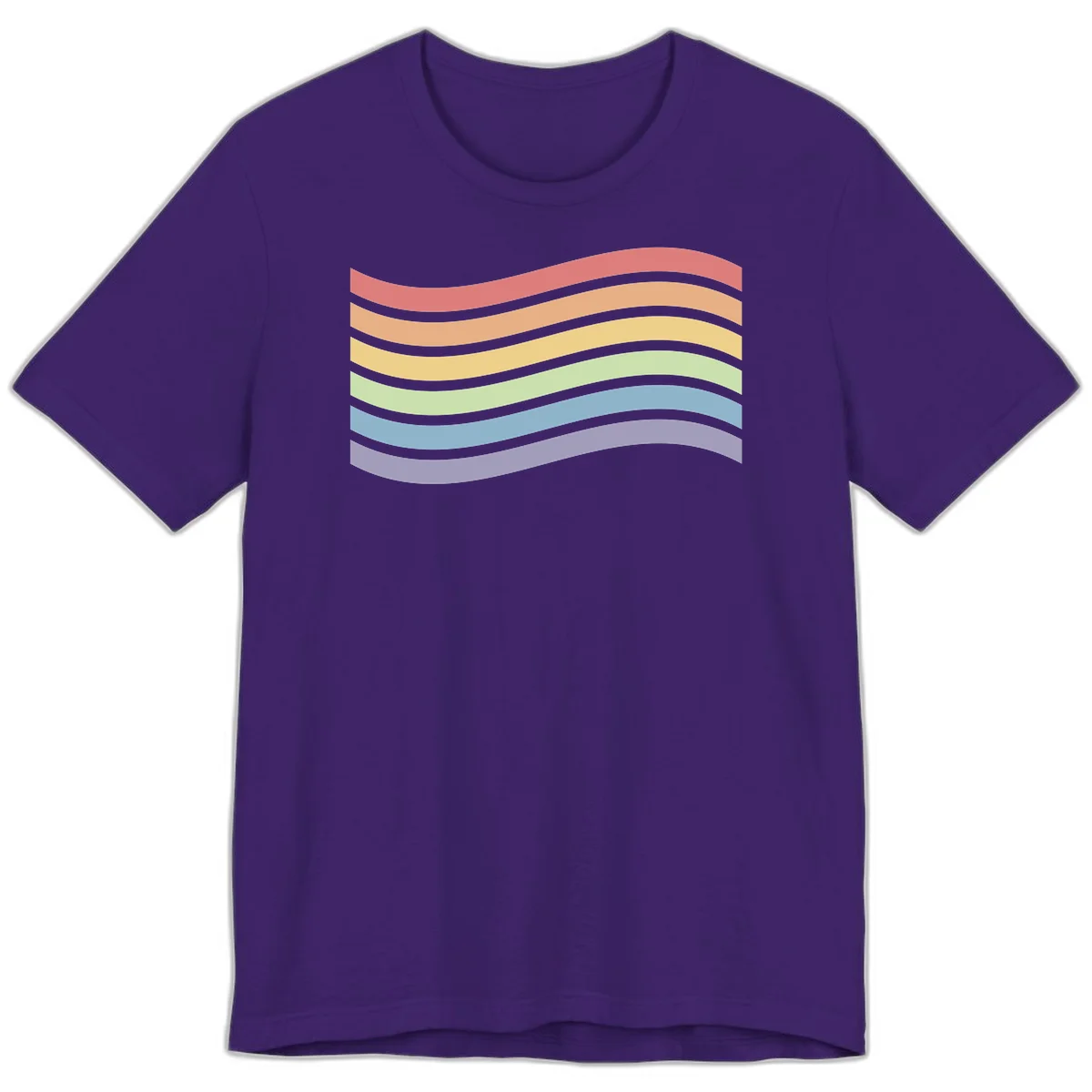 Seven horizontal wavy stripes in rainbow colors separated by gray bands, creating flowing waves against a gray background in Team Purple