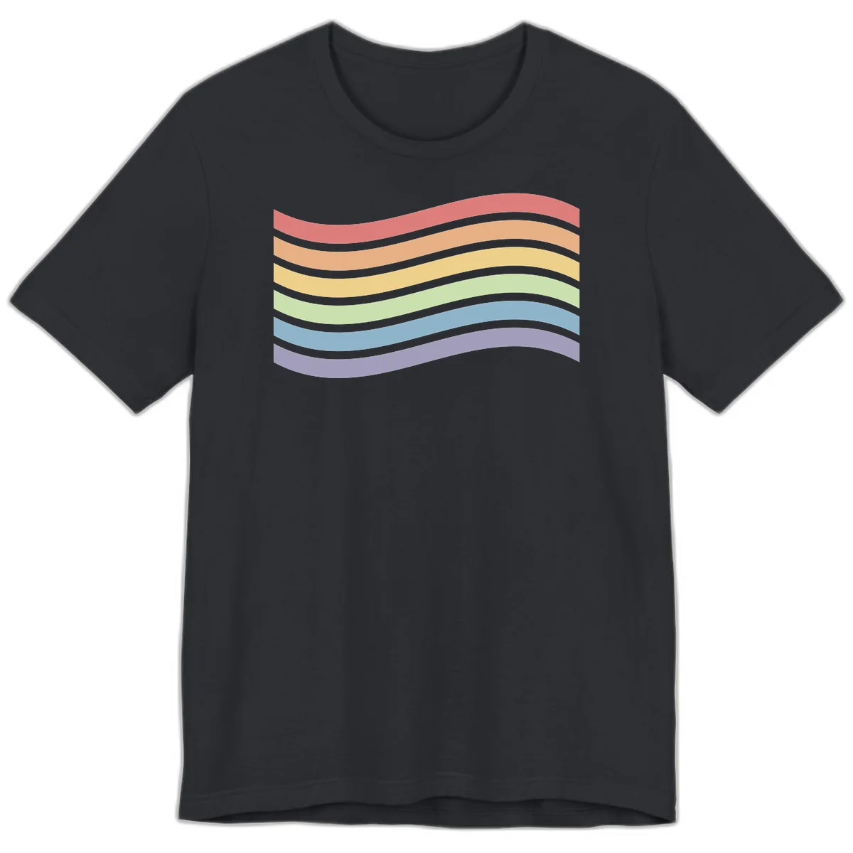 Seven horizontal wavy stripes in rainbow colors separated by gray bands, creating flowing waves against a gray background in Vintage Black