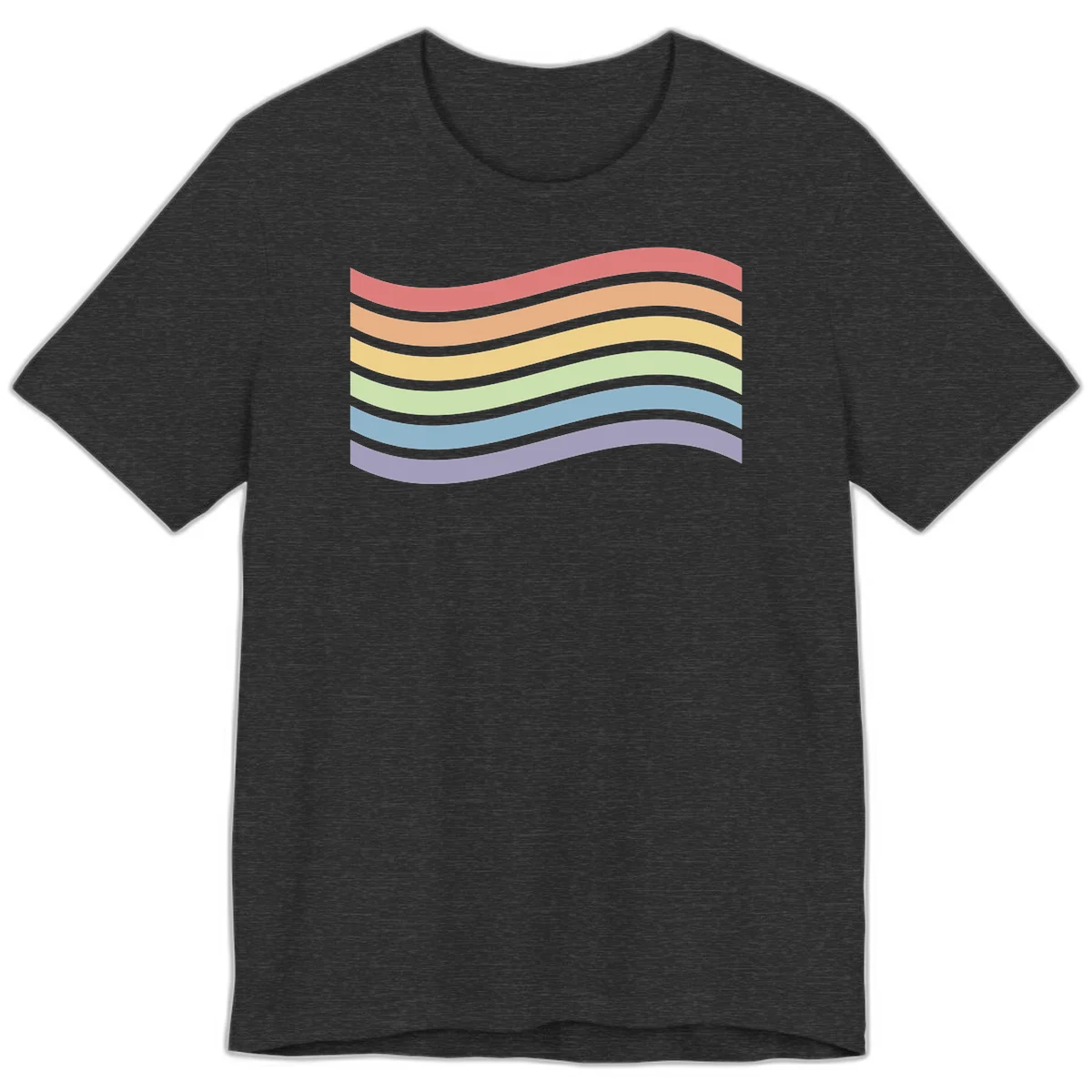 Seven horizontal wavy stripes in rainbow colors separated by gray bands, creating flowing waves against a gray background in Dark Grey Heather