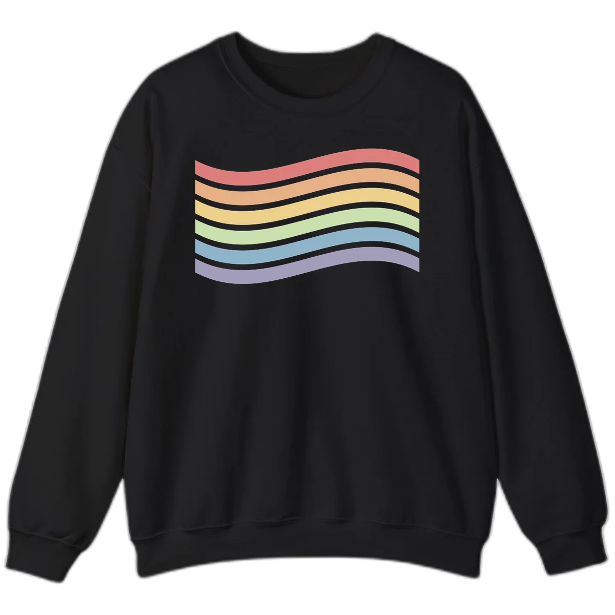 Seven horizontal wavy stripes in rainbow colors separated by gray bands, creating flowing waves against a gray background in Black