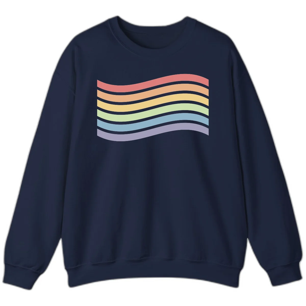 Seven horizontal wavy stripes in rainbow colors separated by gray bands, creating flowing waves against a gray background in Navy