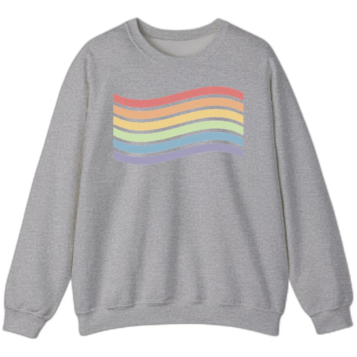 Seven horizontal wavy stripes in rainbow colors separated by gray bands, creating flowing waves against a gray background in Sport Grey