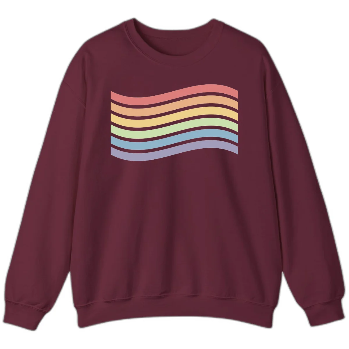 Seven horizontal wavy stripes in rainbow colors separated by gray bands, creating flowing waves against a gray background in Maroon