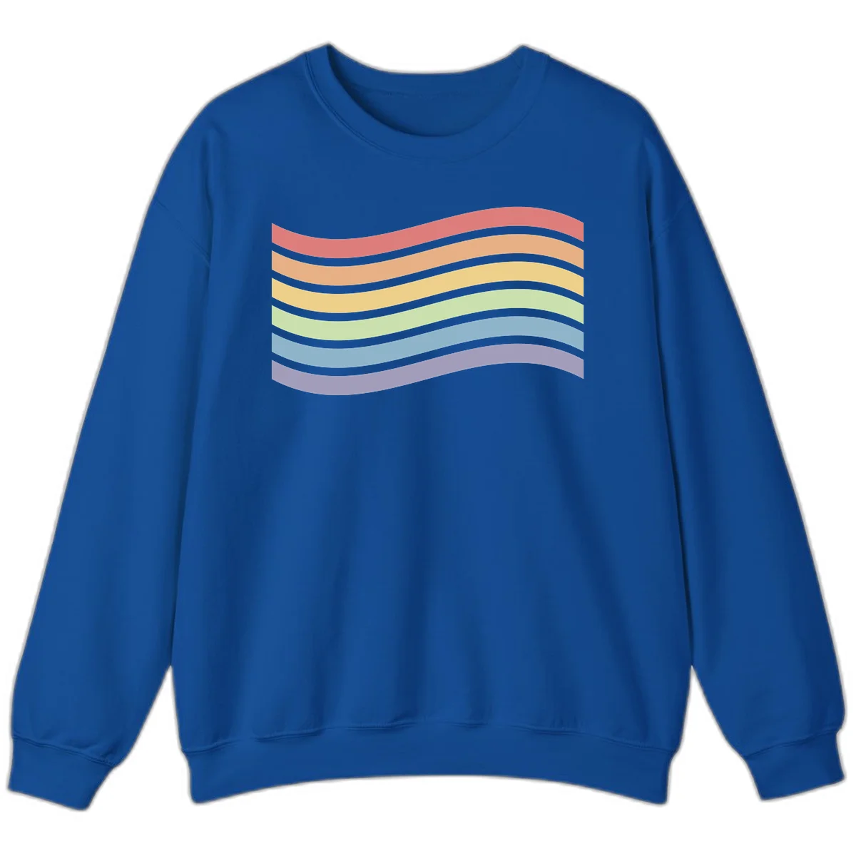 Seven horizontal wavy stripes in rainbow colors separated by gray bands, creating flowing waves against a gray background in Royal
