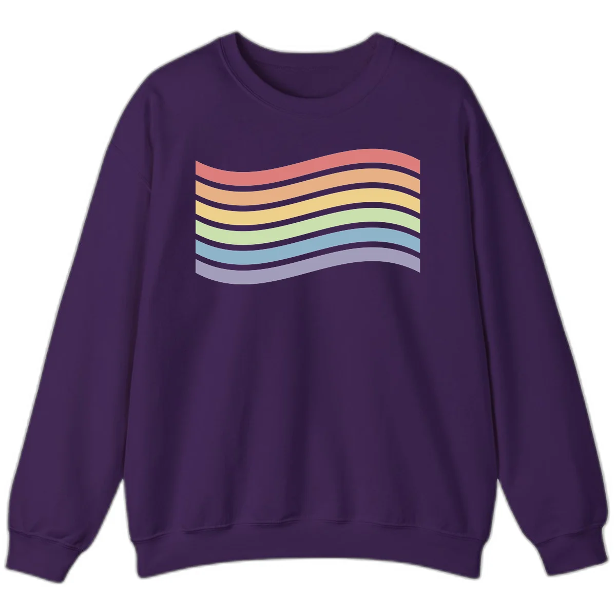 Seven horizontal wavy stripes in rainbow colors separated by gray bands, creating flowing waves against a gray background in Purple
