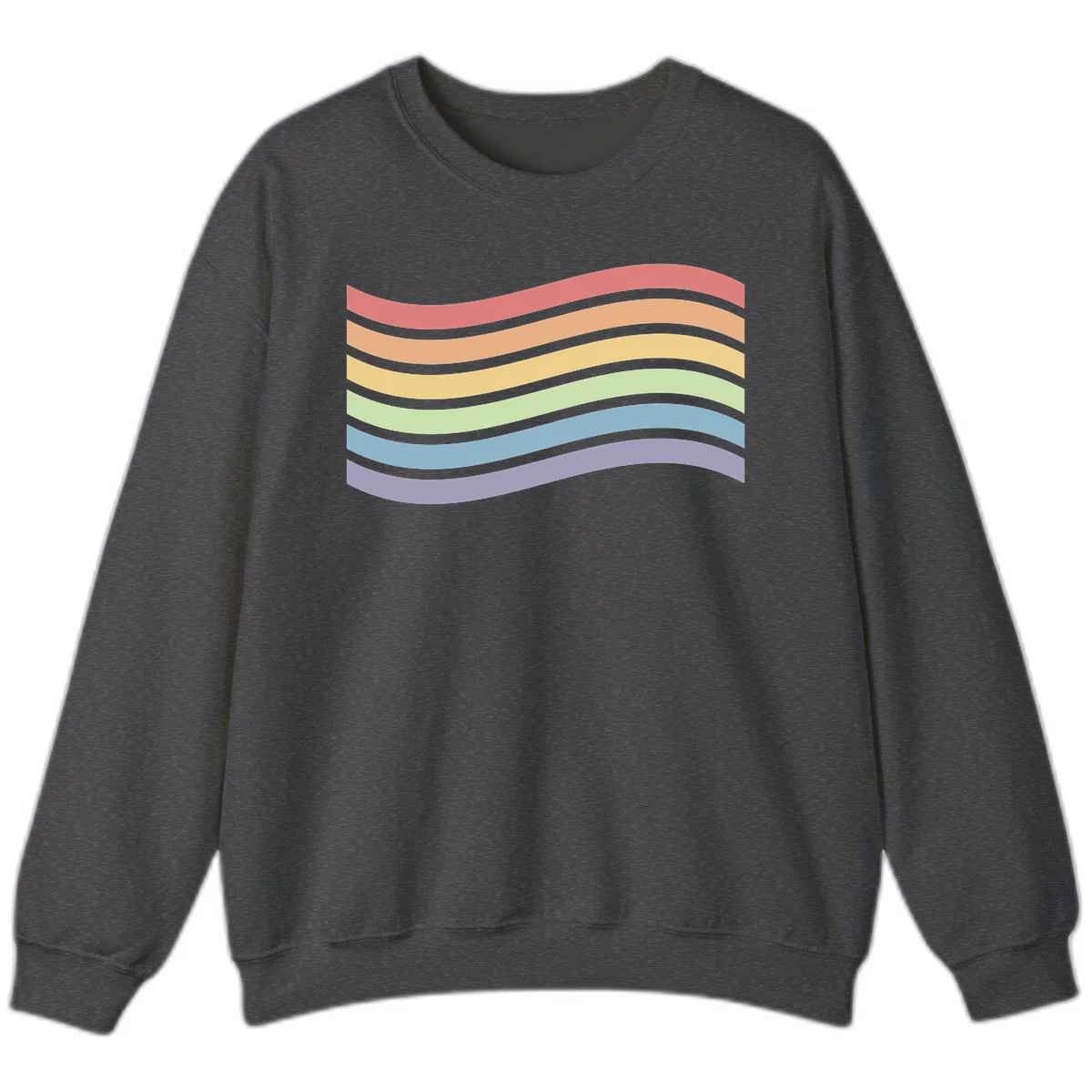 Seven horizontal wavy stripes in rainbow colors separated by gray bands, creating flowing waves against a gray background in Dark Heather