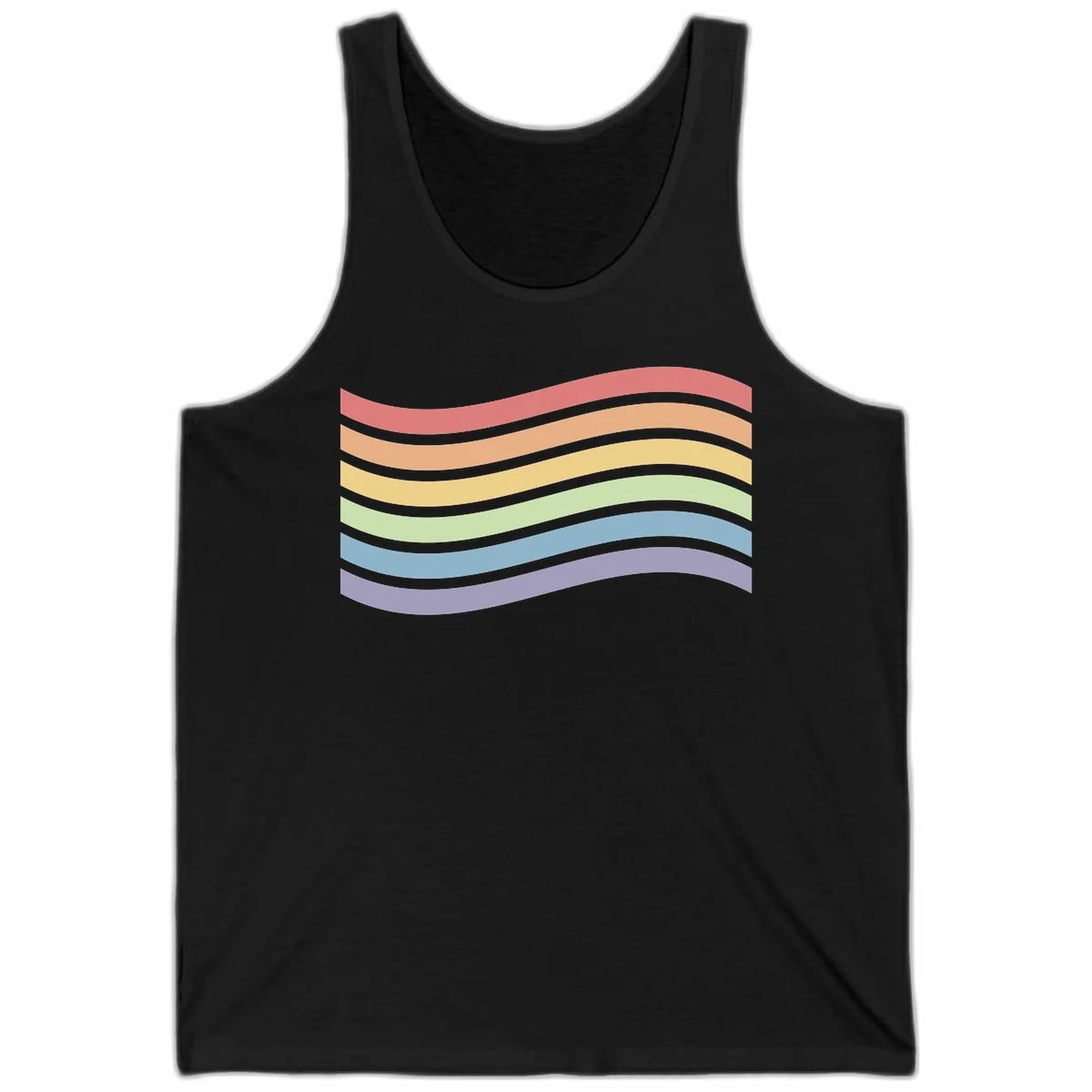Seven horizontal wavy stripes in rainbow colors separated by gray bands, creating flowing waves against a gray background in Black