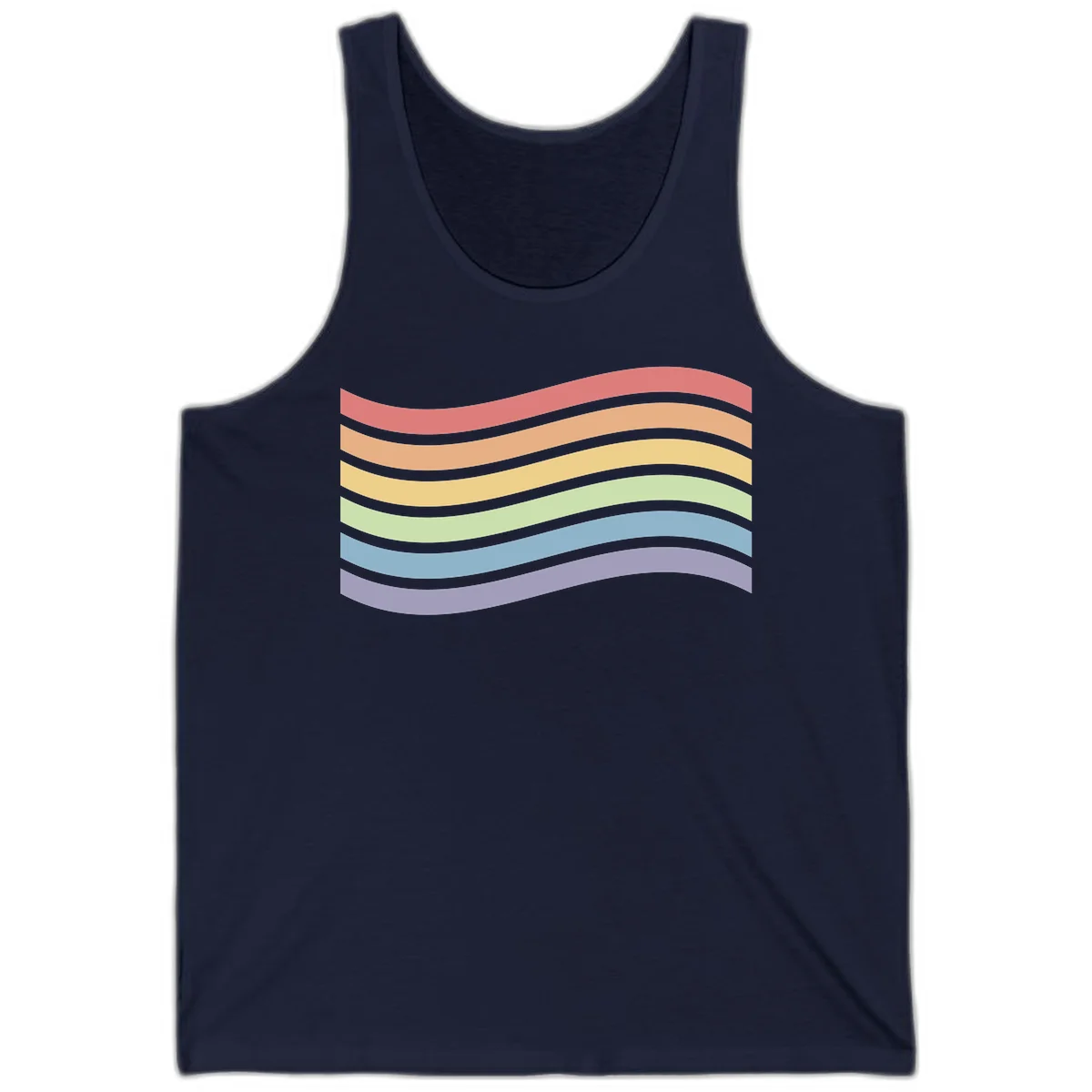 Seven horizontal wavy stripes in rainbow colors separated by gray bands, creating flowing waves against a gray background in Navy