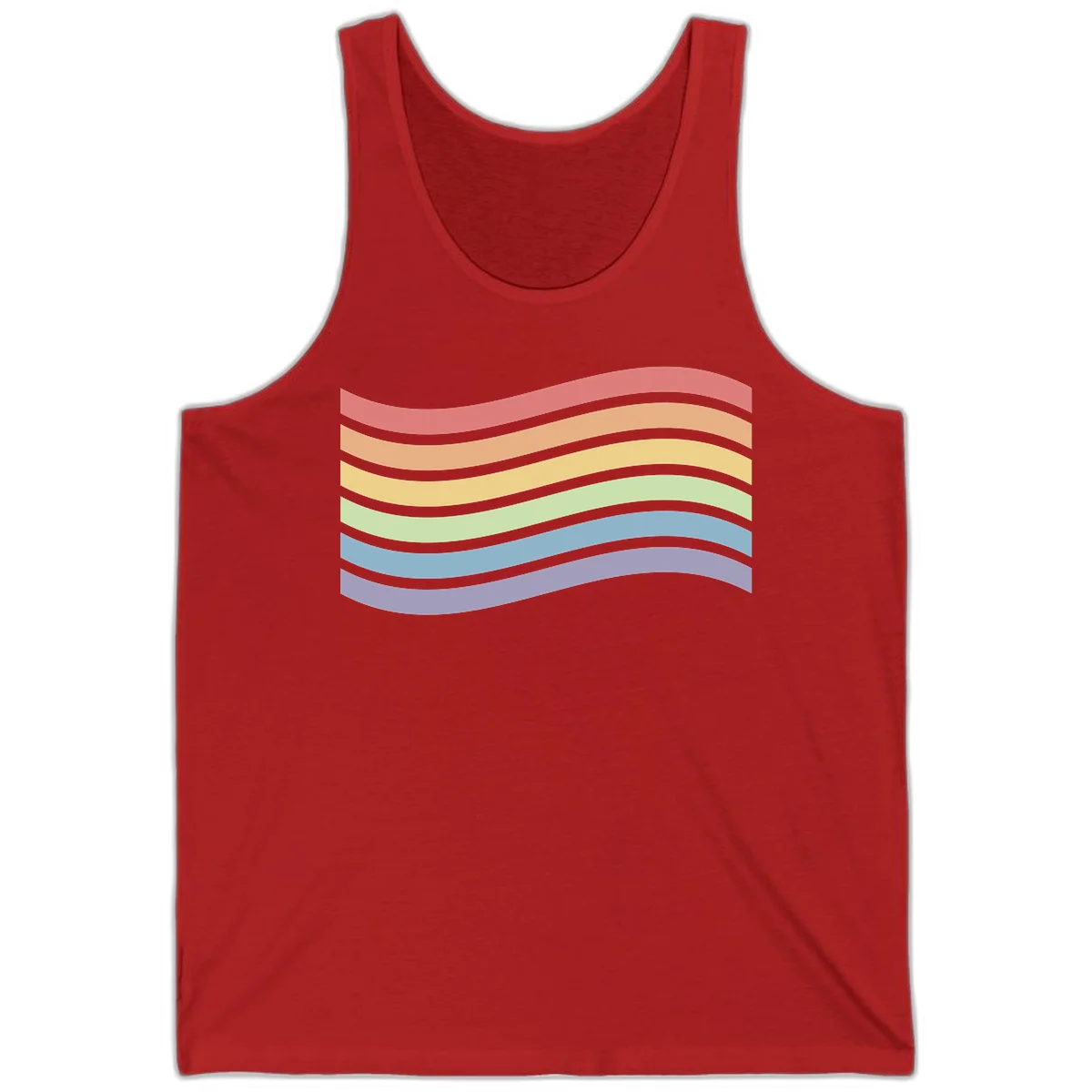 Seven horizontal wavy stripes in rainbow colors separated by gray bands, creating flowing waves against a gray background in Red