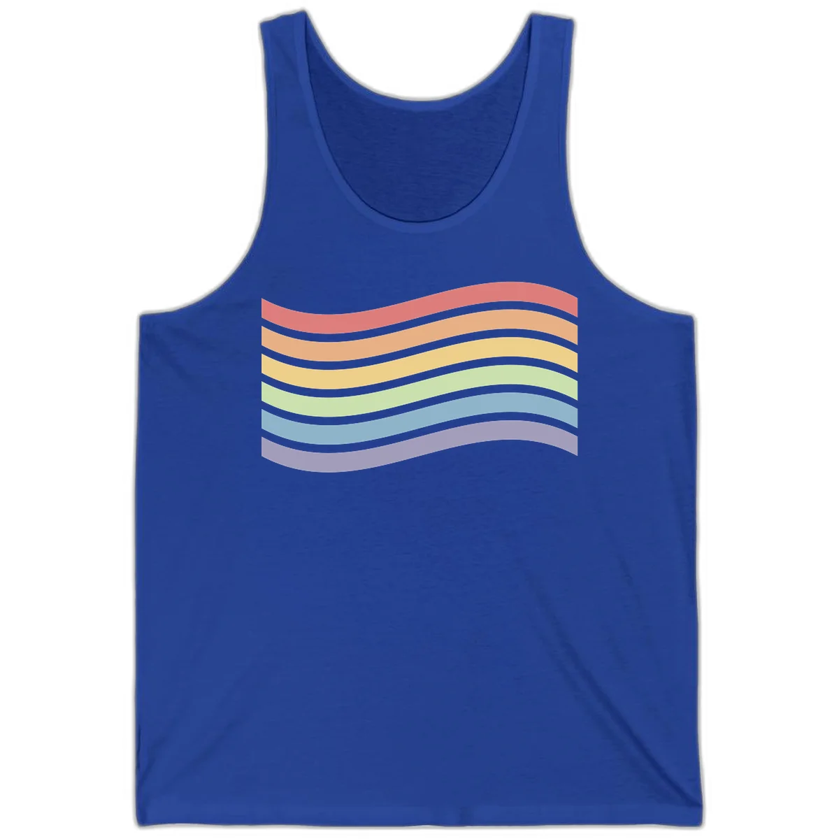 Seven horizontal wavy stripes in rainbow colors separated by gray bands, creating flowing waves against a gray background in True Royal