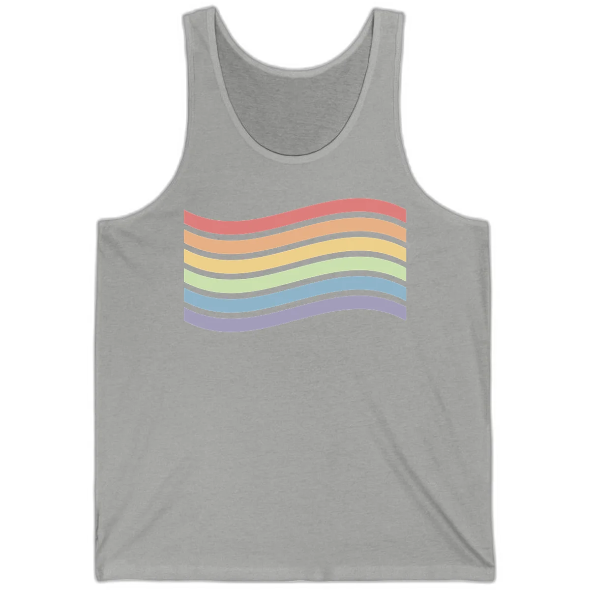 Seven horizontal wavy stripes in rainbow colors separated by gray bands, creating flowing waves against a gray background in Athletic Heather
