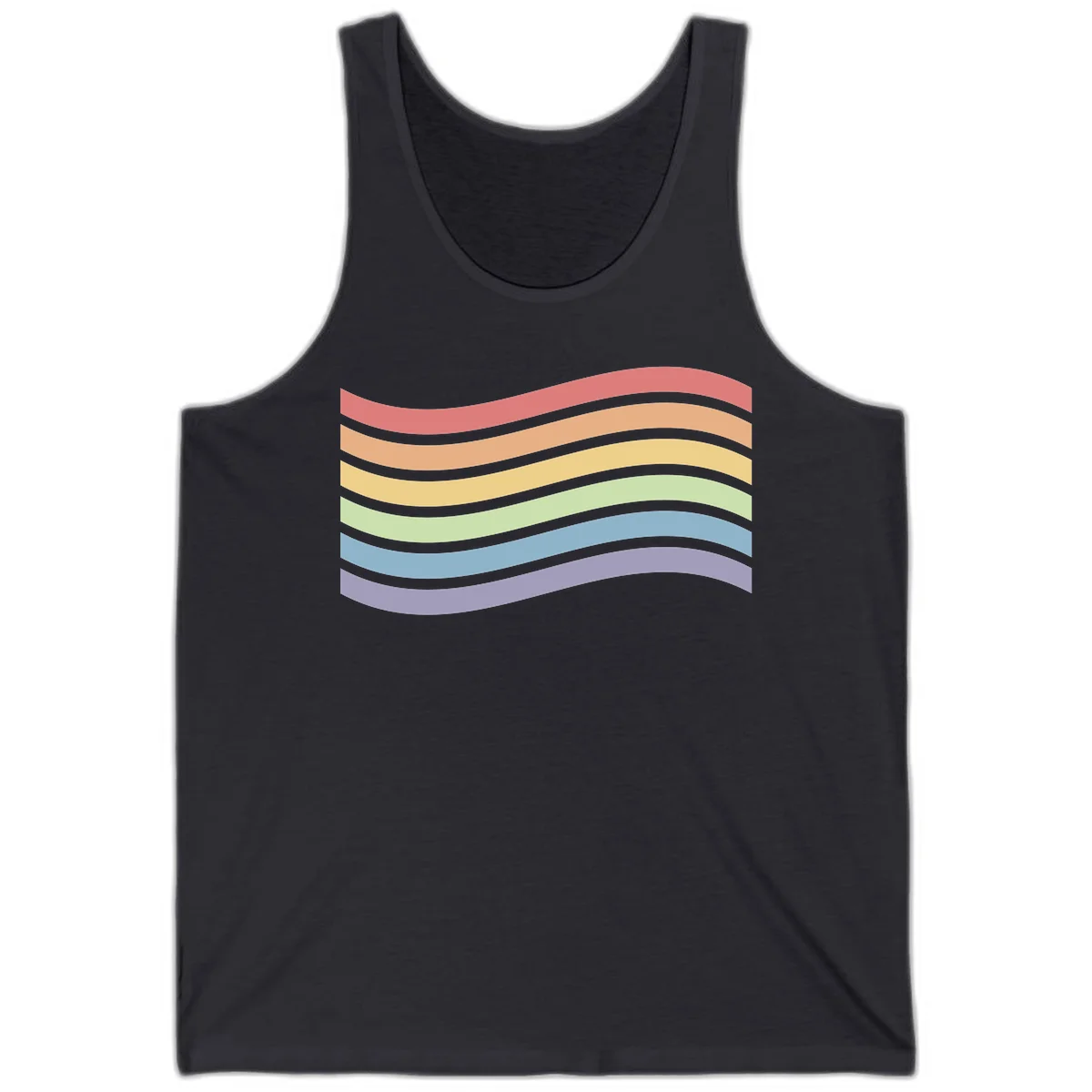 Seven horizontal wavy stripes in rainbow colors separated by gray bands, creating flowing waves against a gray background in Dark Grey