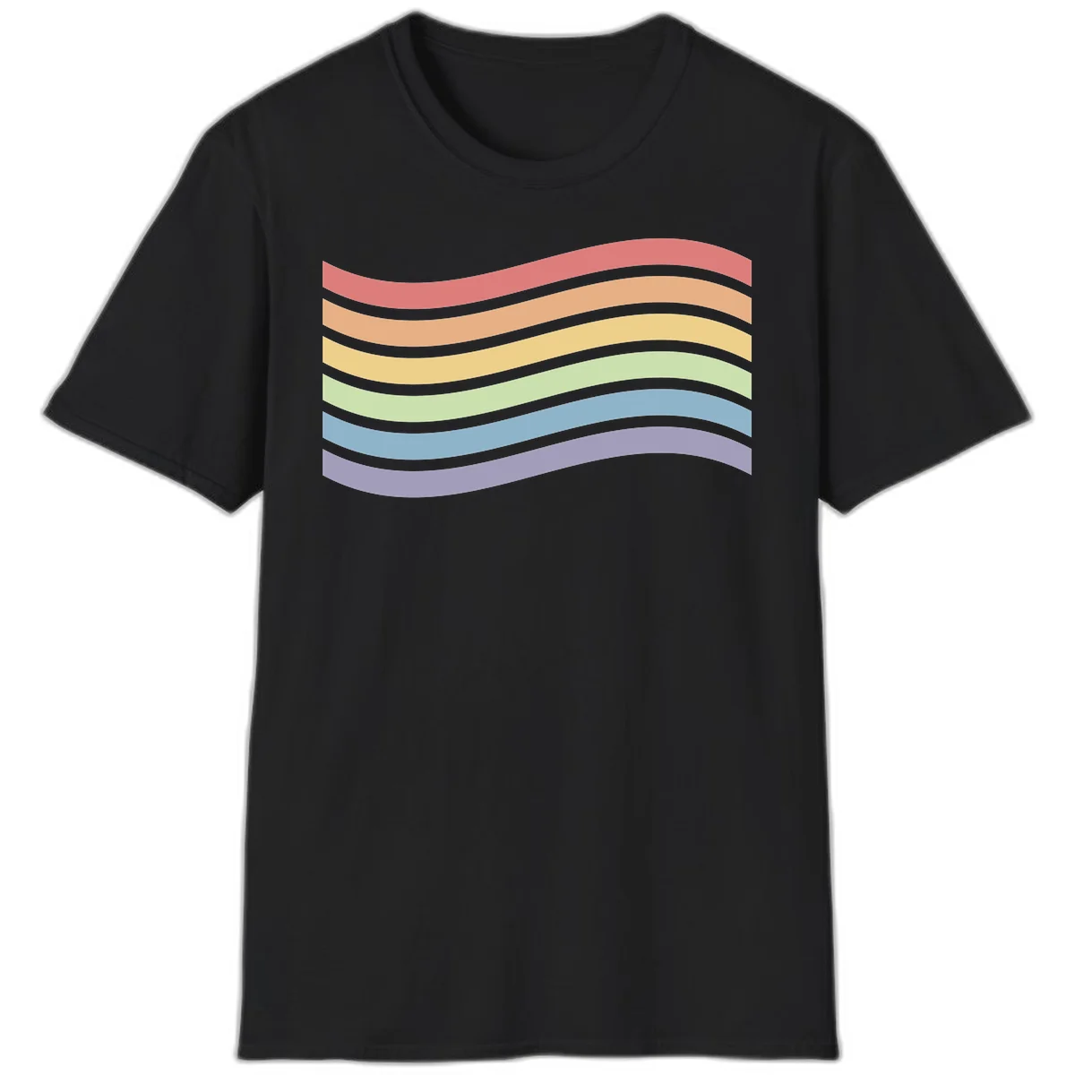 Seven horizontal wavy stripes in rainbow colors separated by gray bands, creating flowing waves against a gray background in Black