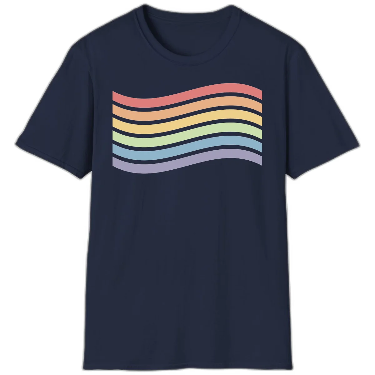 Seven horizontal wavy stripes in rainbow colors separated by gray bands, creating flowing waves against a gray background in Navy
