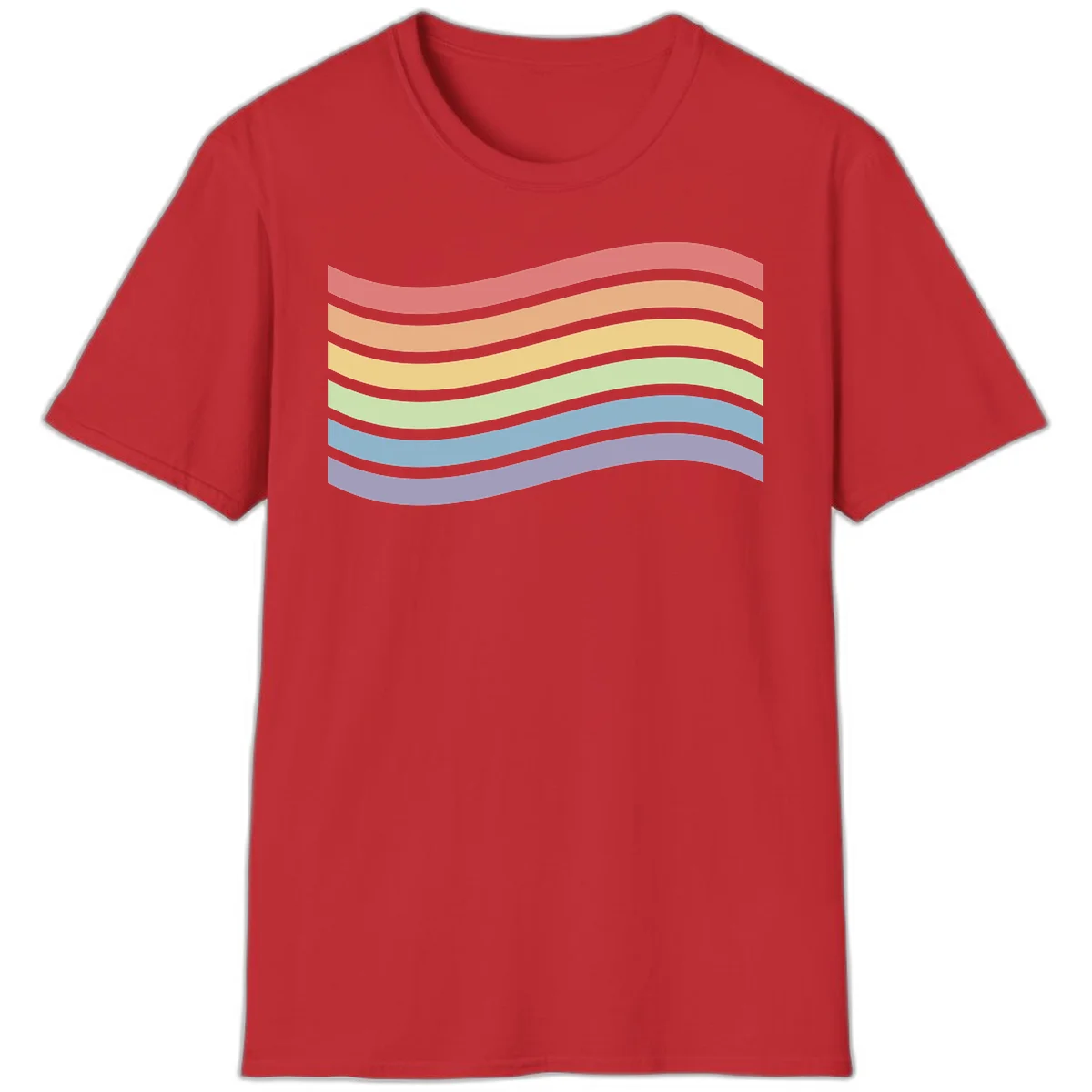 Seven horizontal wavy stripes in rainbow colors separated by gray bands, creating flowing waves against a gray background in Red