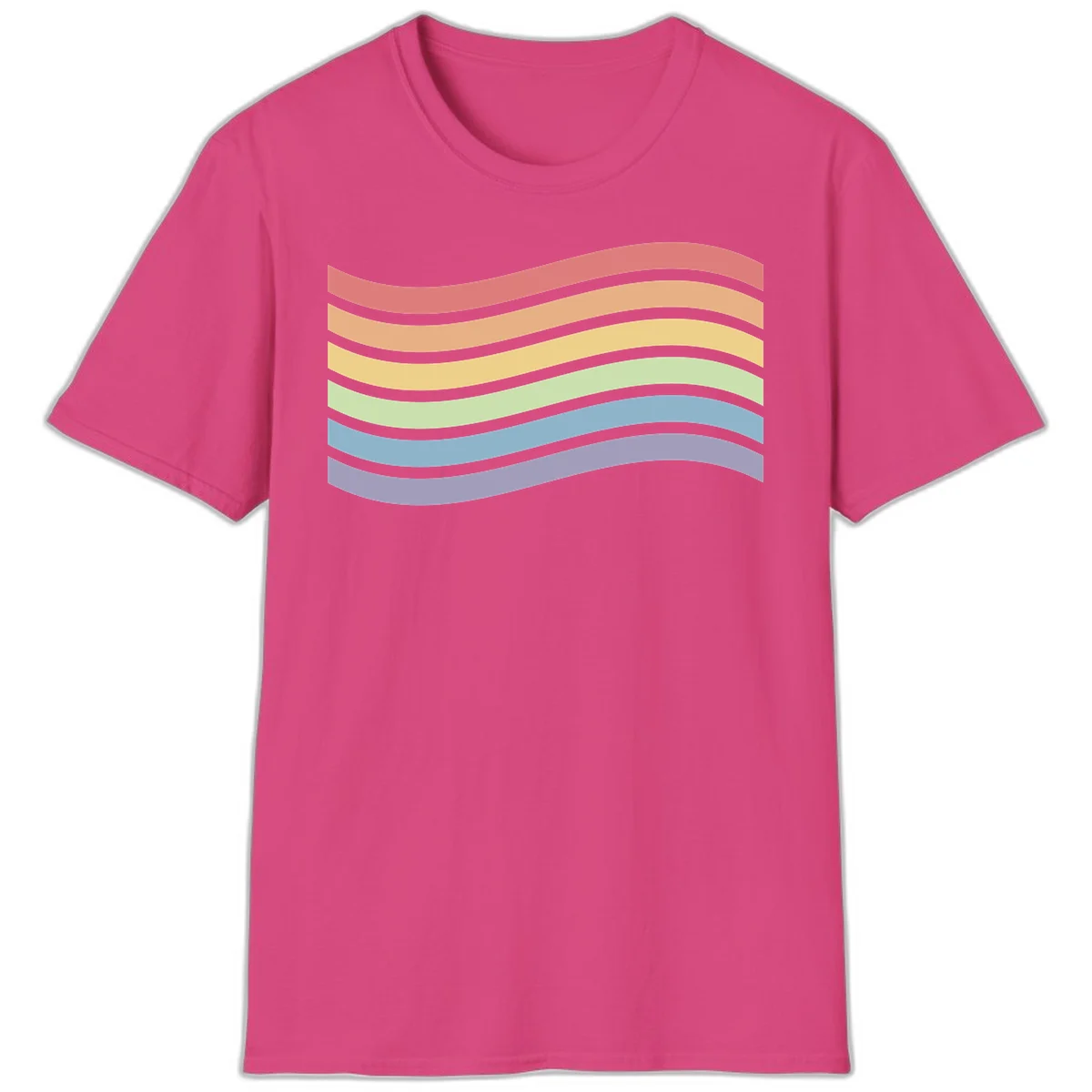 Seven horizontal wavy stripes in rainbow colors separated by gray bands, creating flowing waves against a gray background in Heliconia