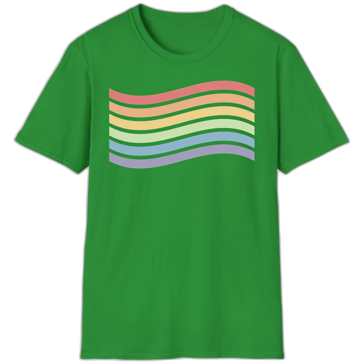 Seven horizontal wavy stripes in rainbow colors separated by gray bands, creating flowing waves against a gray background in Irish Green