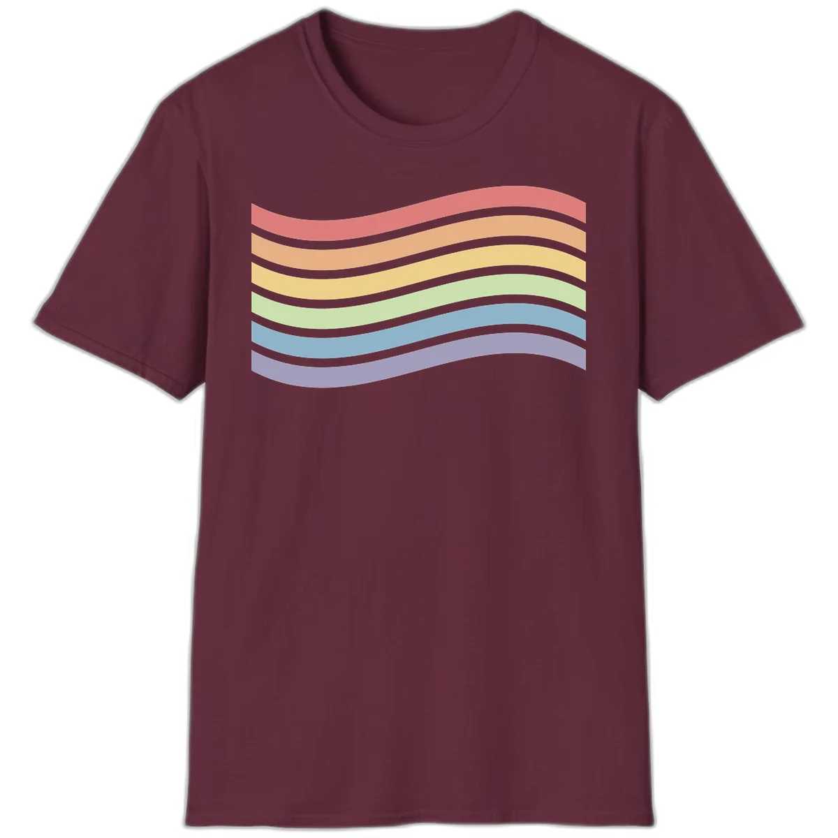 Seven horizontal wavy stripes in rainbow colors separated by gray bands, creating flowing waves against a gray background in Maroon